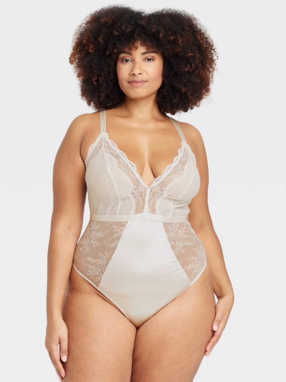 Auden Lace & Satin Plunge thong Bodysuit in Cream
